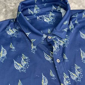 Bermuda Sands Polo Shirt Mens‎ XL Blue Sailboats Print Button Up Stretch Wicking
